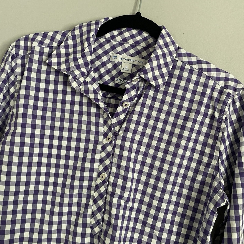 Southern Tide Womens Top Small Purple White Plaid Check Popover Coastal Vacation